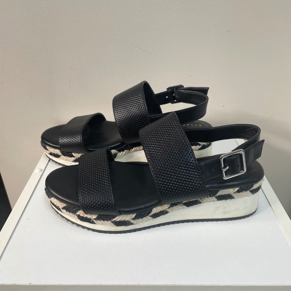 KELLY & KATIE Women's Black Perforated Platform Espadrille Wedge Sandals Size 6M